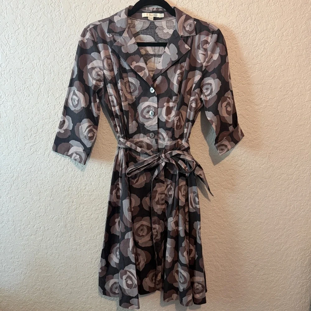 Boden Floral Cotton Shirt Dress 6P Dark Academia Retro Rose Print Grey